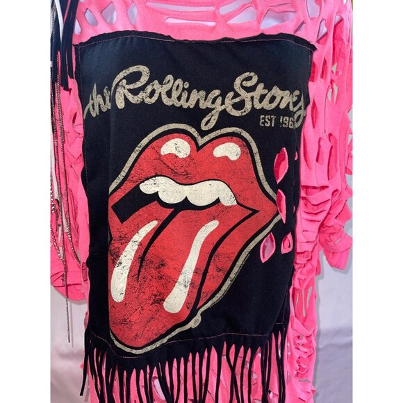 Rolling Stones Pink Cut-Out Lace-Up‎ Fringe Shirt Top With Tassels Large Custom - Picture 3 of 6